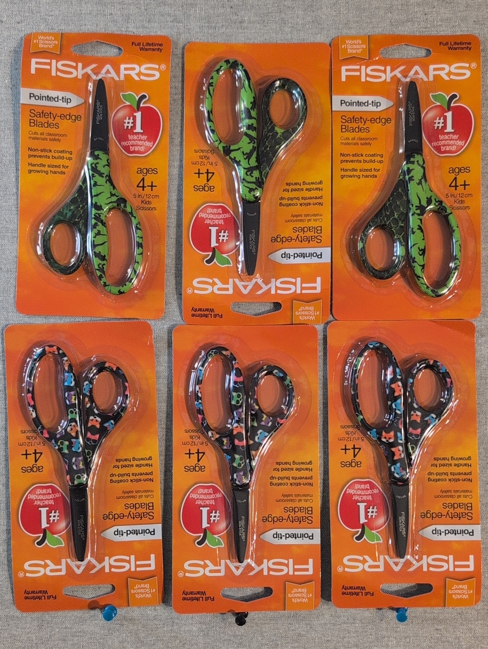 (6) Fiskars Pointed-Tip Safety-Edge Scissors — Foxes & Green Patterns. 6 - Packs